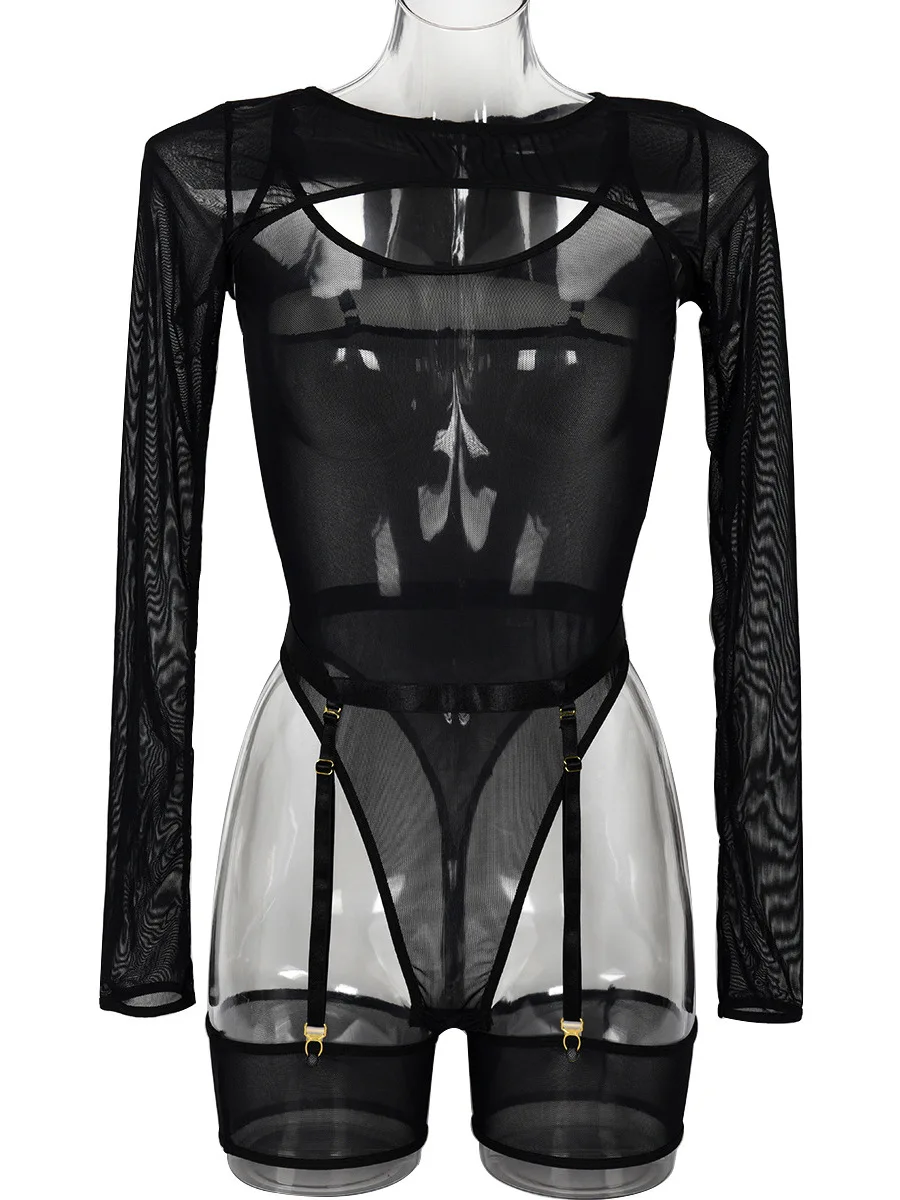 Elastic Mesh Perspective Contrasting Color Outer Cover With Long Sleeves And Camisole Jumpsuit Thin Yarn Bodysuits Women's