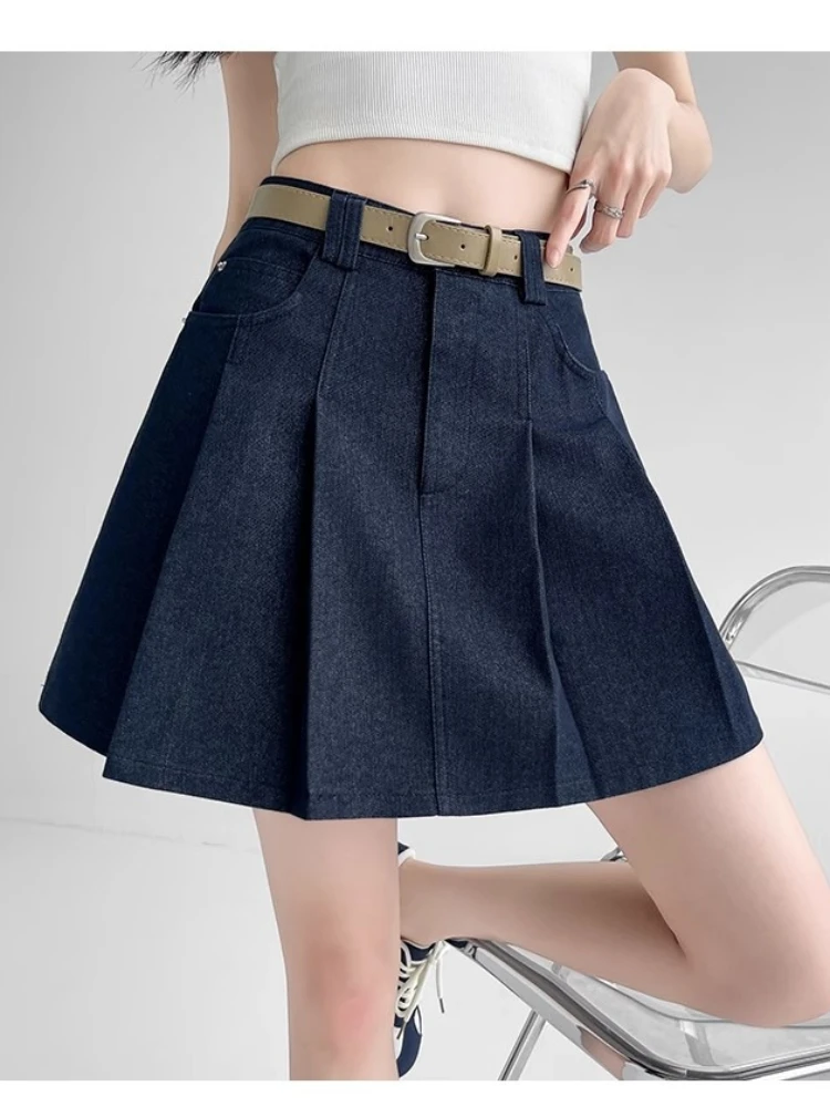Blue Pleated Skirt Women Summer New Fashion Elegant Anti Glare A-Line Culotte High Waist Wash Cotton Suit Half Body Dress Female