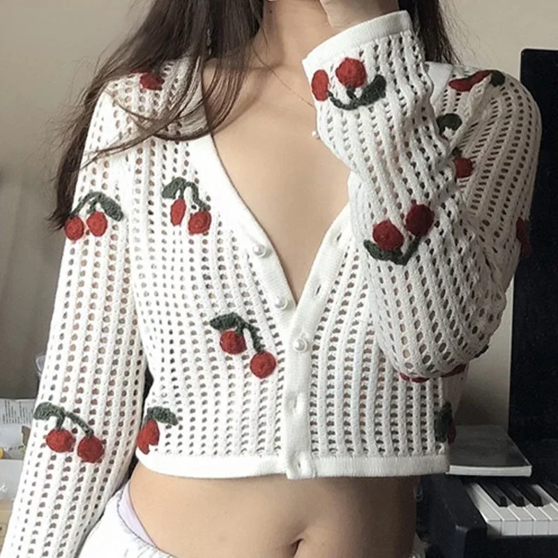 Kawaii Cute Cherry Cardigan Sweet Slim Prairie Chic Long Sleeve V-Neck Sweater Women Knitted Crop Tops y2k Japanese Streetwear