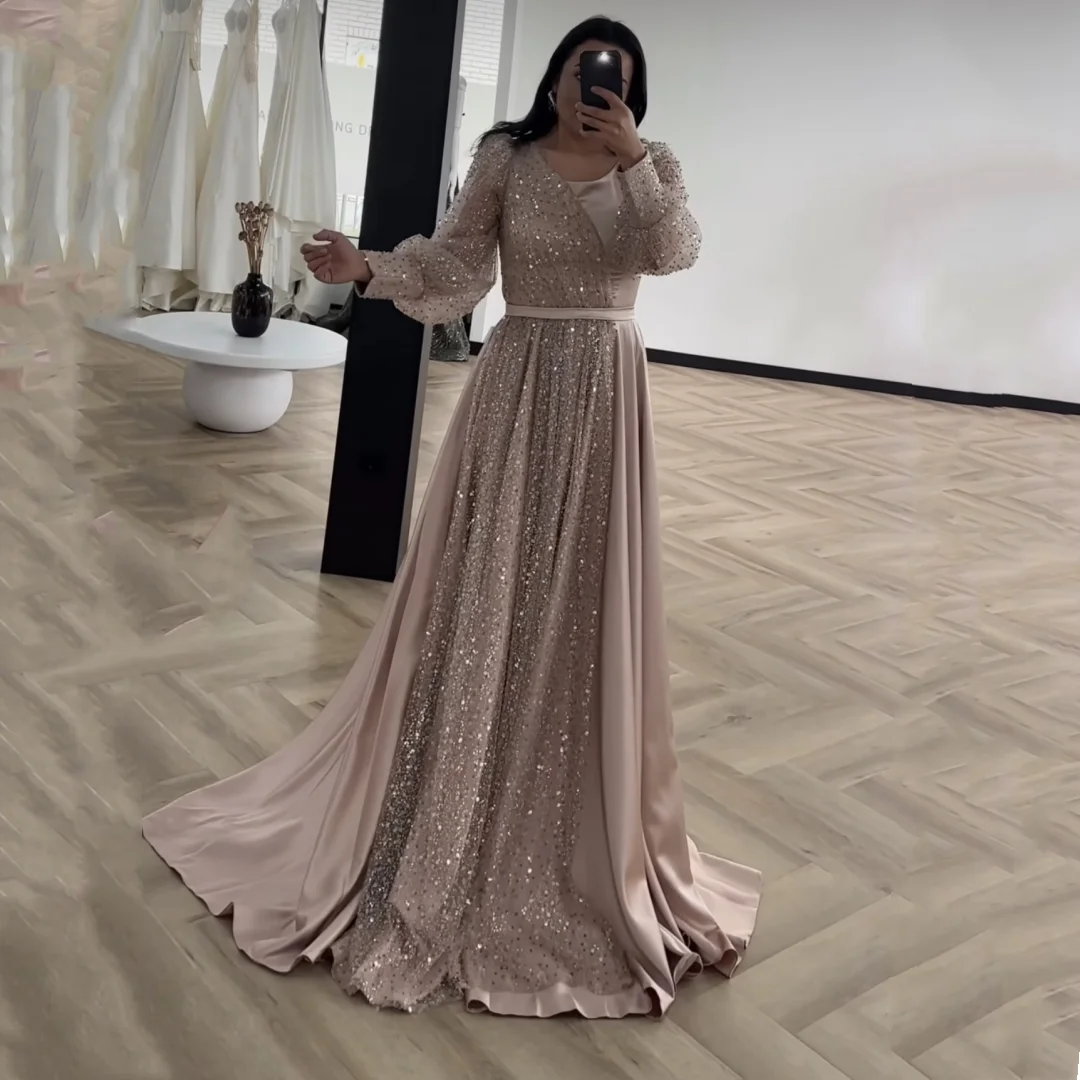 Jessica Sequined Satin Prom Dress Long Sleeve Luxury Evening Dress فساتين سهره فاخره A-shaped Elegant Lady Wedding Party Dress