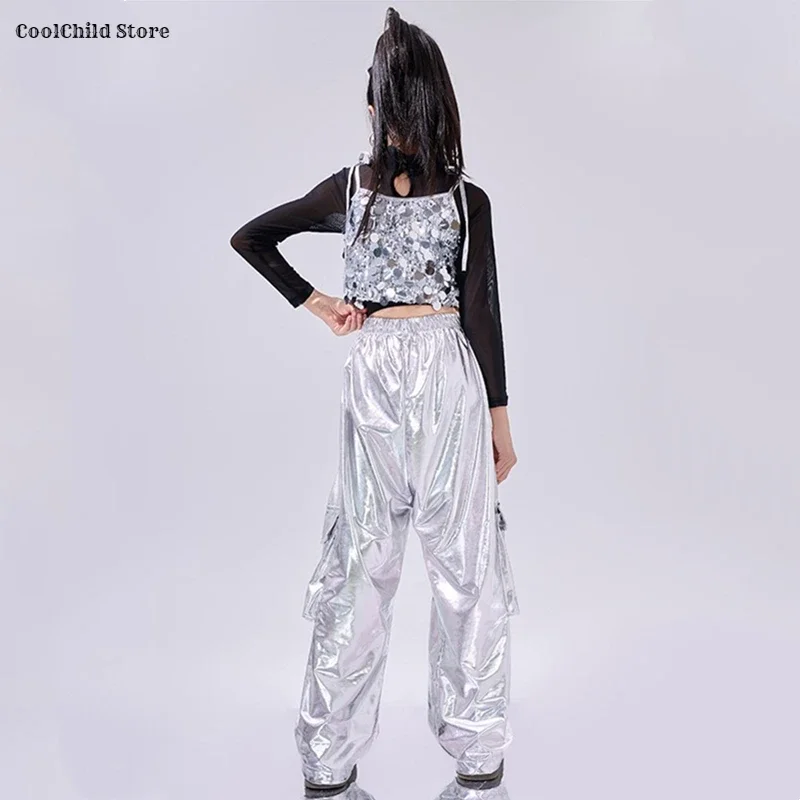 Hio ホップ女の子クールシルバースパンコールクロップトップダンスカーゴパンツ子供 K-POP ストリート子供ジャズガールグループ衣装服セット