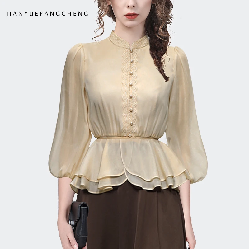 Fashion Women\' Spring Summer Lantern Sleeve Elastic Waist Beige Chiffon Blouse Elegant Casual Female Shirt Cinched Waist Top