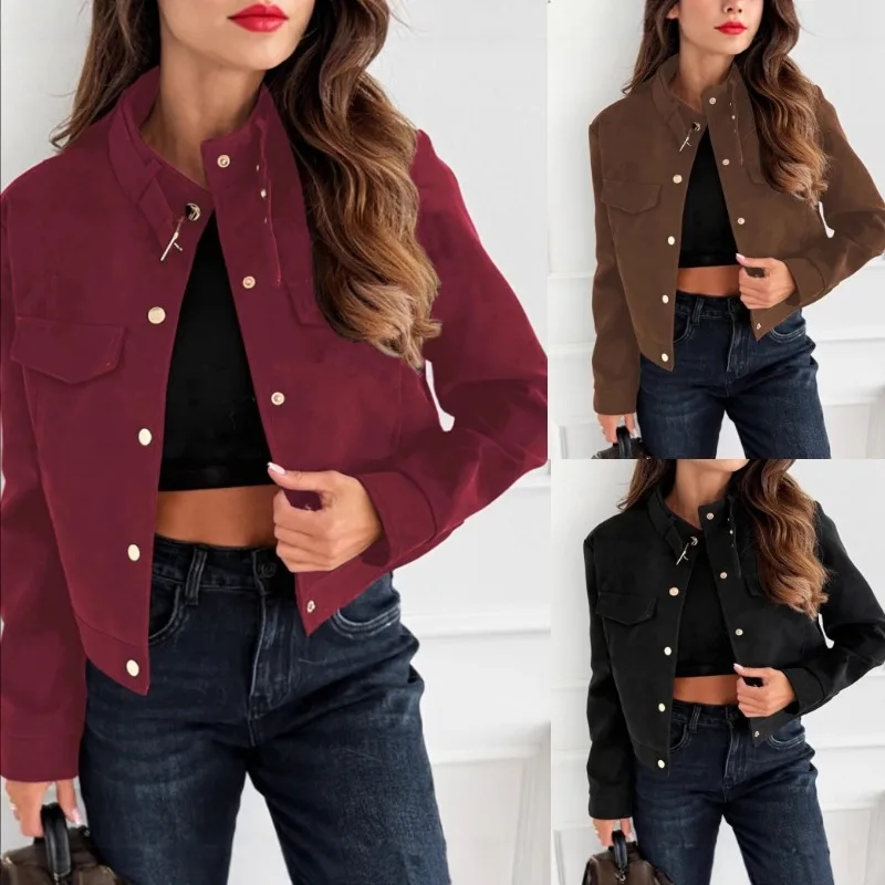 

Women's Soft Solid Color Tweed Long Sleeve Stand Collar Zipper Crop Short Bomber Jacket Button Coat for Office Lady