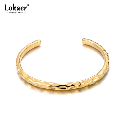 Lokaer Handmade Casting Stainless Steel Metal Cuff Bracelet Bangle Jewelry Fashion Texture 18K PVD Plated Temperament B25036