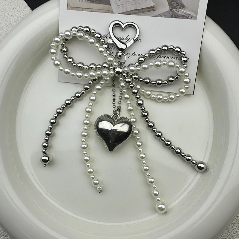 달콤한 리본 하트 모양 가방 참 키체인 귀여운 비즈 참 키링 휴대폰 끈 가방 펜던트 액세서리 선물