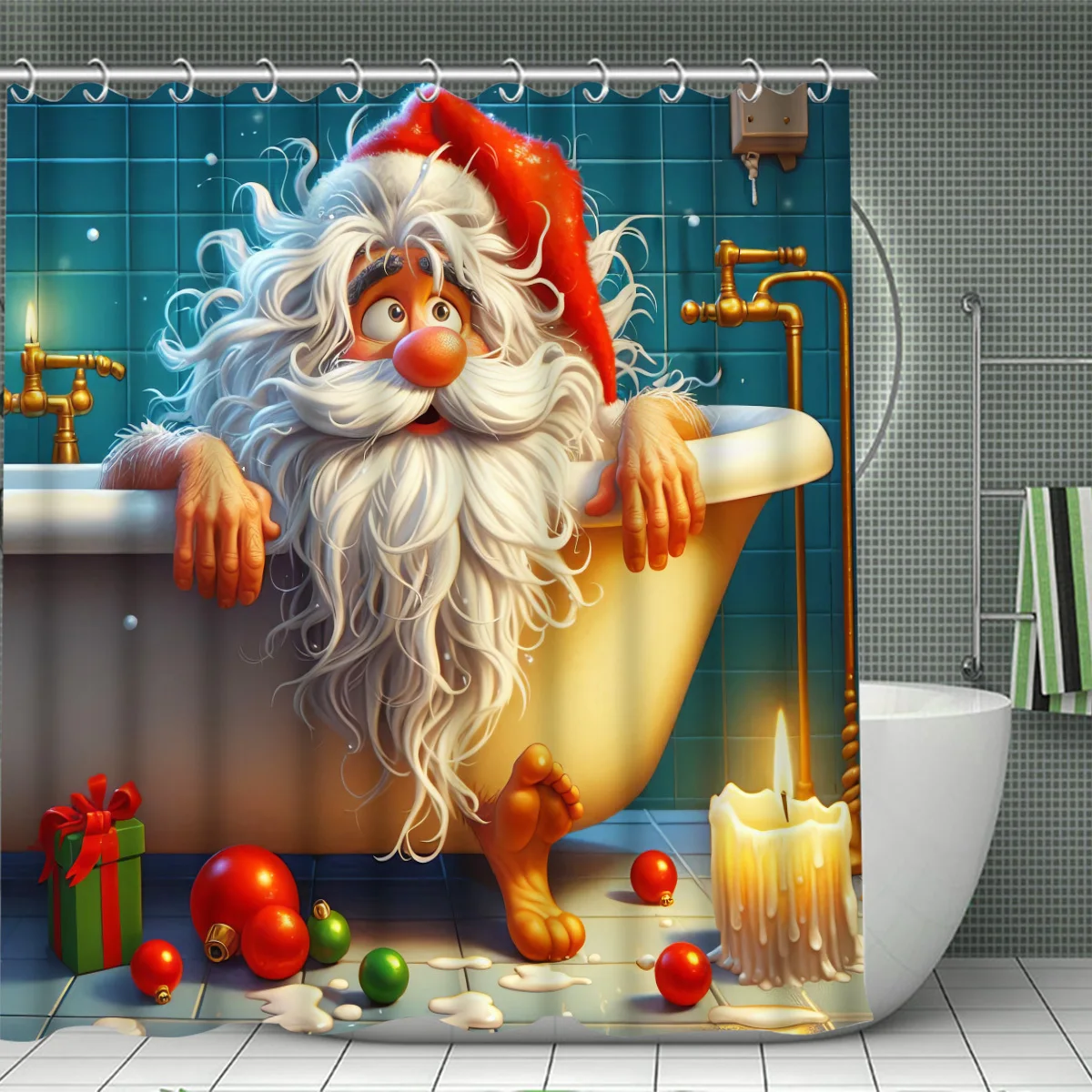 4pcs Woven Santa Claus Bathroom Set, Water-Resistant Shower Curtain with Hooks, Absorbent & Non-Slip Mat, U-Shape Toilet Cover