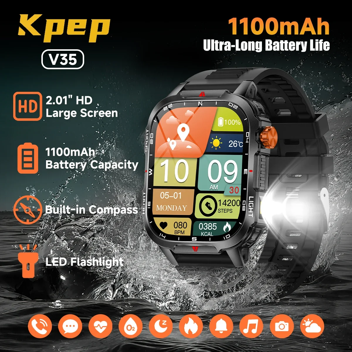 

KPEP 1100mAh Smart Watch 2.01" HD Display 1100mAh Large Battery Flashlight\Compass 100+ Sports Modes Answer/Dial Phone for Men