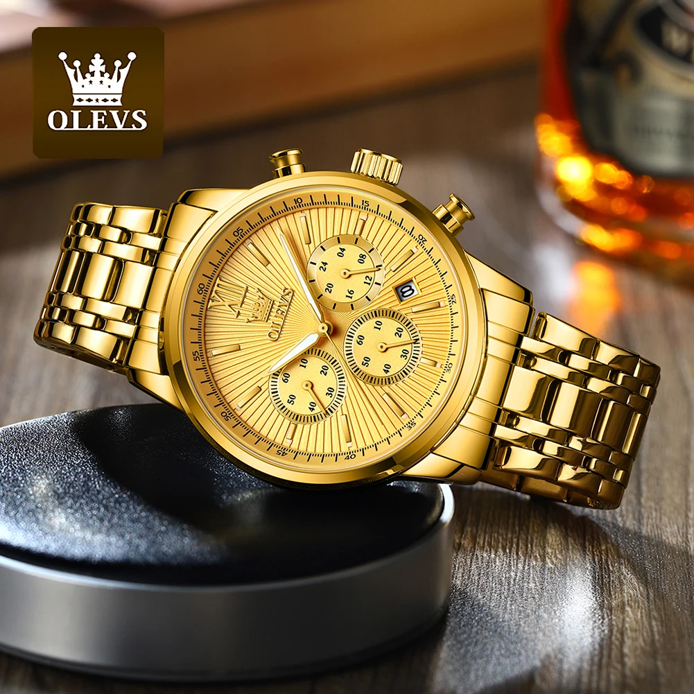 OLEVS Men\'s Watches Luxury Gold Fashion Wristwatch for Man Stainless Steel Waterproof Luminous Chronograph Date 24 Hour Display