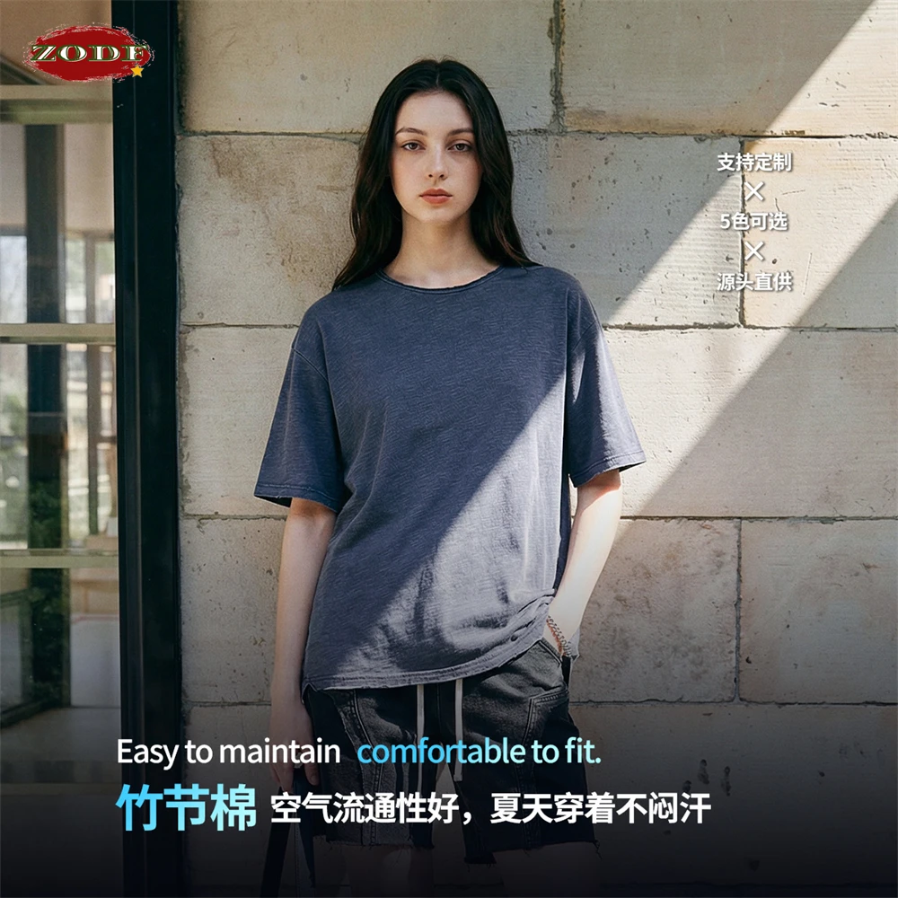 

ZODF винтажные летние мужские хлопковые футболки унисекс с потертостями, 275 г/м2, мягкая футболка со свободными краями, футболки HY1208