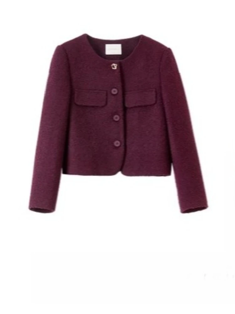 SENTUBILA Women's Elegant Commuter Short Coat Autumn 2025 New Wool Blend O-Neck Metal Buckle Long Sleeve Office Top 153WA2086