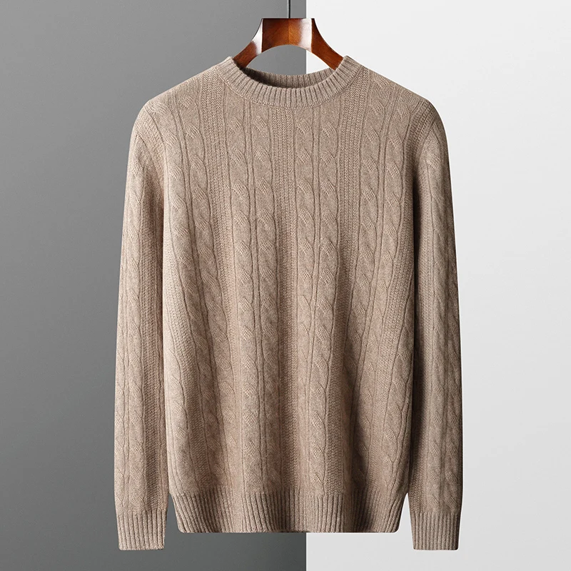 

Autumn Winter Men's Sweater 100% Merino Wool Thick Warm Pullover O-neck Twist Flower Basic Cashmere Knitwear Korean Fashion Tops