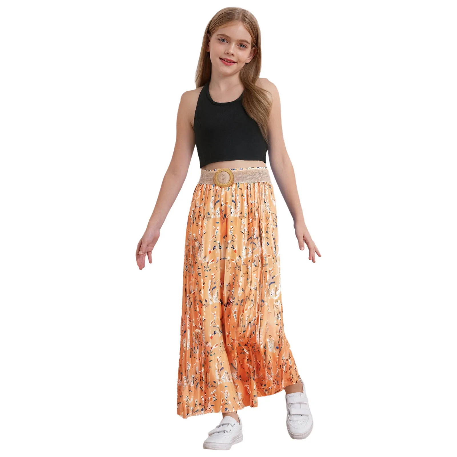 

Bohemian Girls Clothes 5-14Y Kids Sleeveless Crop Top with Wide Leg Pants And Belt Holiday Vacation Beach 3-Piece Summer Outfits