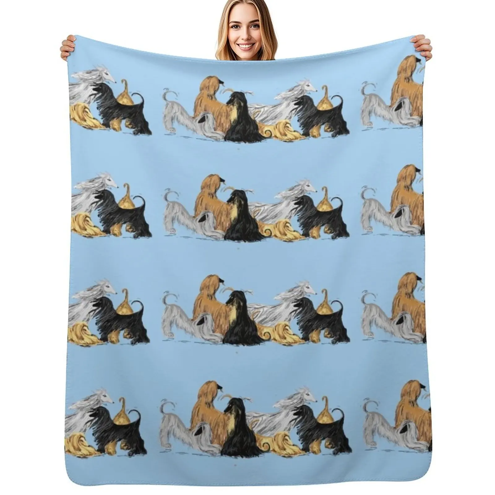 Soft sky blue flannel throw blanket featuring an artistic repeating pattern of colorful long haired Afghan Hound dogs.