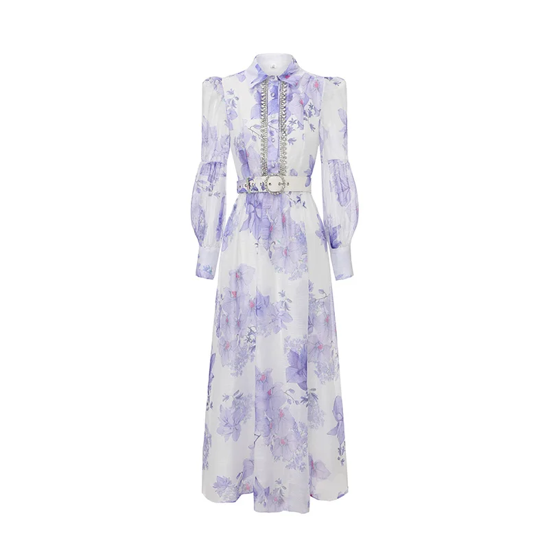 

Женское шифоновое платье в стиле бохо с цветочным принтом, длинными рукавами-фонариками, отложным воротником, поясом с бисером, модное праздничное элегантное платье