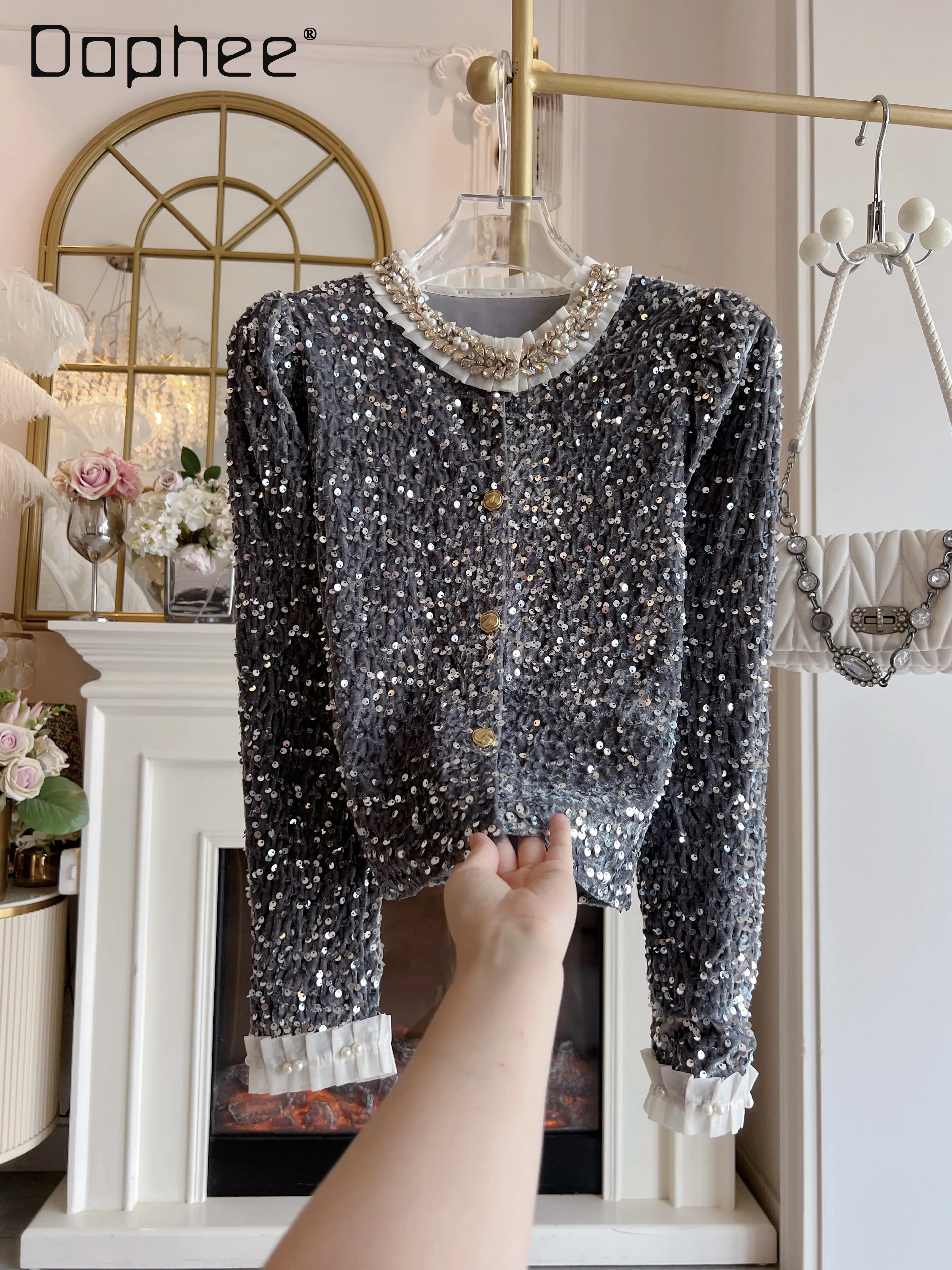 

French Elegant Socialite Long Sleeve Top Autumn High End Rhinestone Sequin Velvet Shirt Loose Single-Breasted Casual Top Women