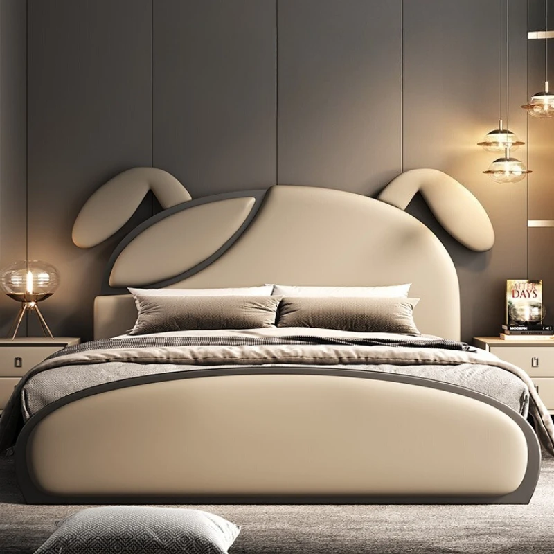 

Modern Box Type Light Luxury Puppy Ear Style Children Bed Boy Girls Student Single Bedroom Furniture 1.5m Genuine Leather Beds
