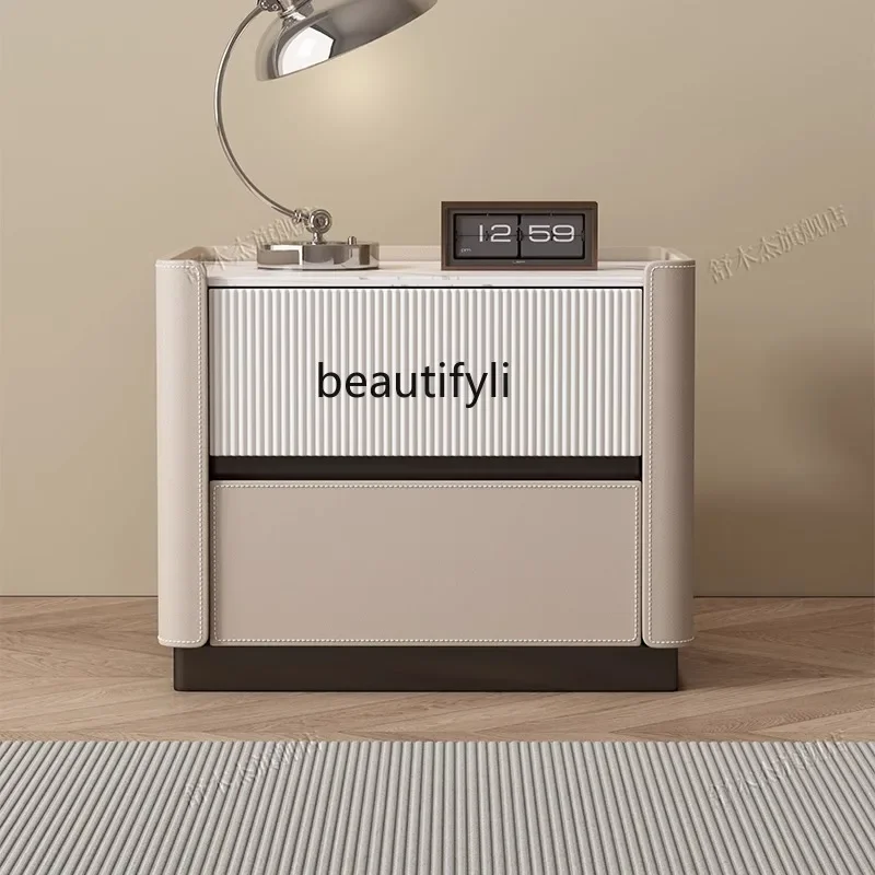 

HItalian new saddle leather solid wood bedside table simple modern bedroom storage cabinet