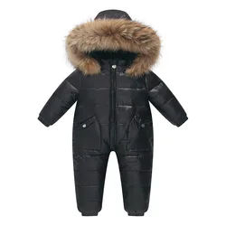 Raise 2024 Winter Newborn Jumpsuit Hooded Real Raccoon Fur Children Girl Winter Overall 1-5 Year Infant Baby Boy Romper Snowsuit