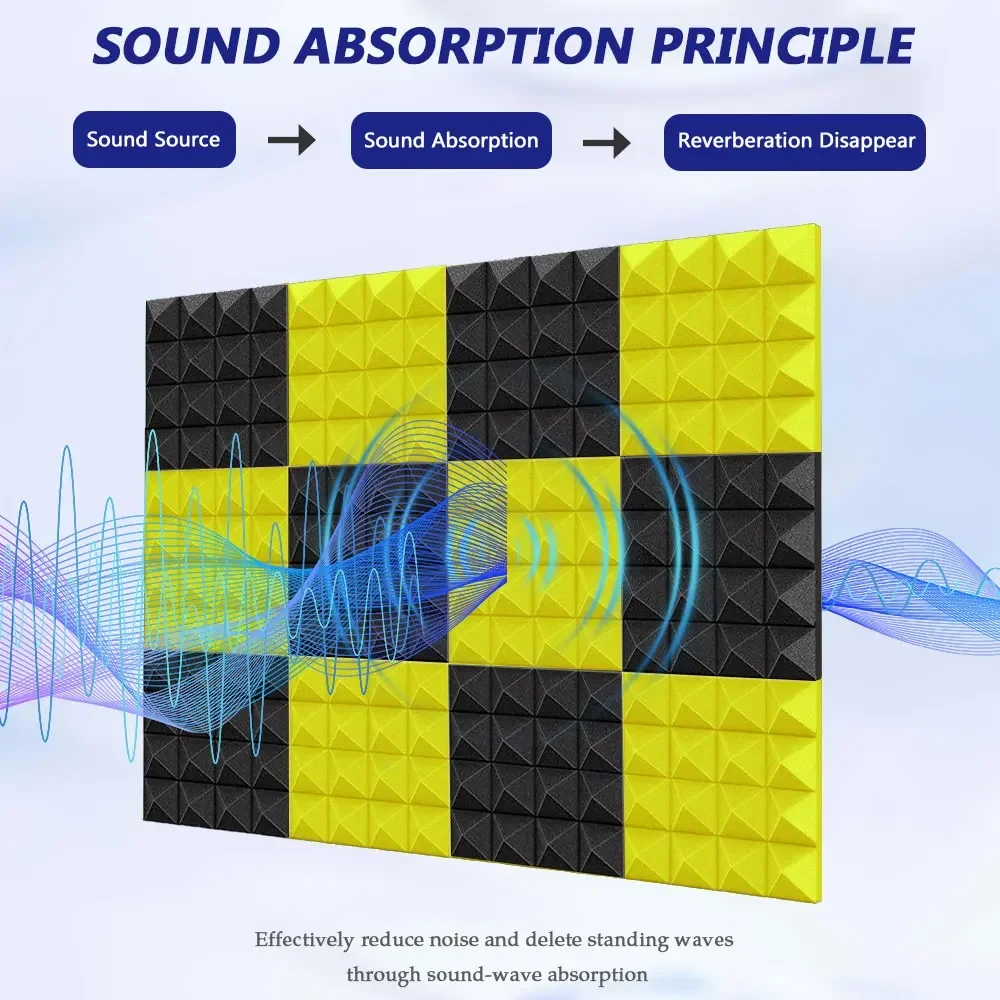 24Pcs 25x25x5cm Acoustic Foam Pyramid Noise Insulation Sound Absorption Treatment Panels KTV Soundproof Foam 12Black 12Yelllow