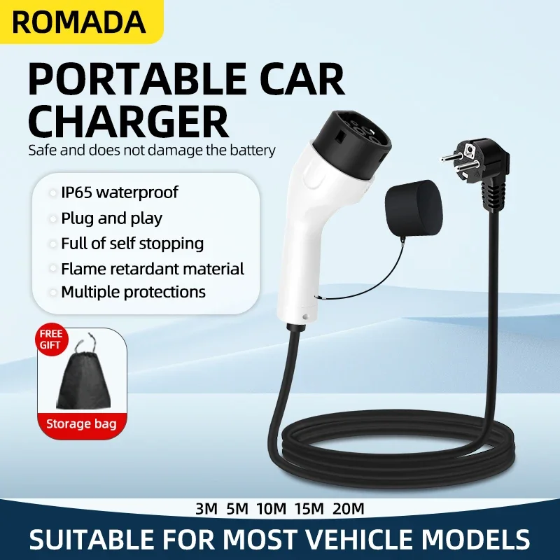 ROMADA 3.5KW 16A EV Portable Charger 3M 5M 10M 15M 20M Cable Type2 IEC62196 EVSE EU Plug Wallbox Adapter For Electric Vehicle