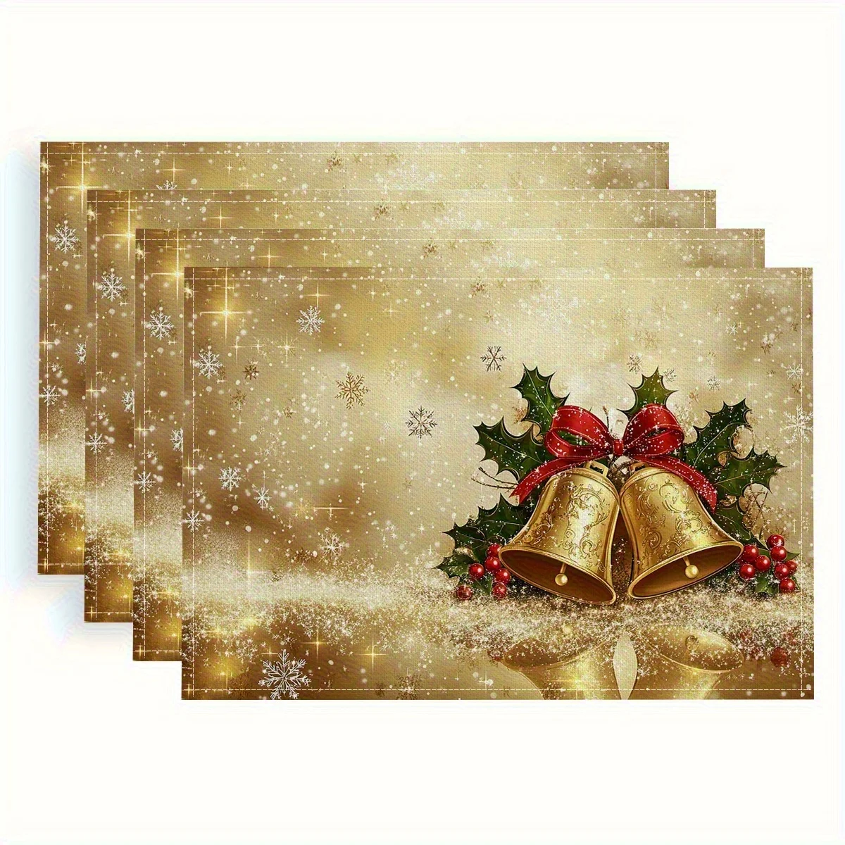 Golden Christmas Bells Red Bow Holly Leaves Sparkling Snowflake Background Linen Placemat Holiday Dining Table Decor