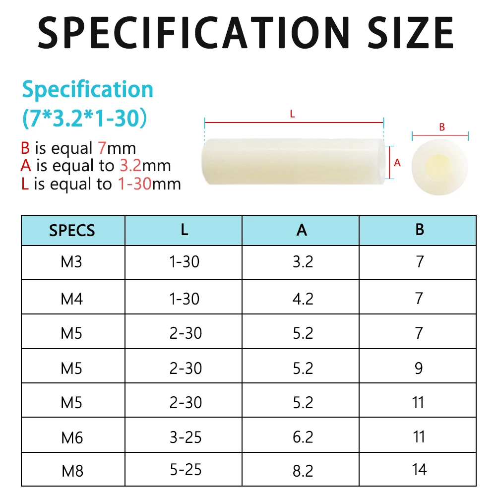 9x6.2mm 11x5.2mm ABS Spacer Non-Threaded Plastic Round Standoff PCB Board Spacers Black White 3mm~50mm Length