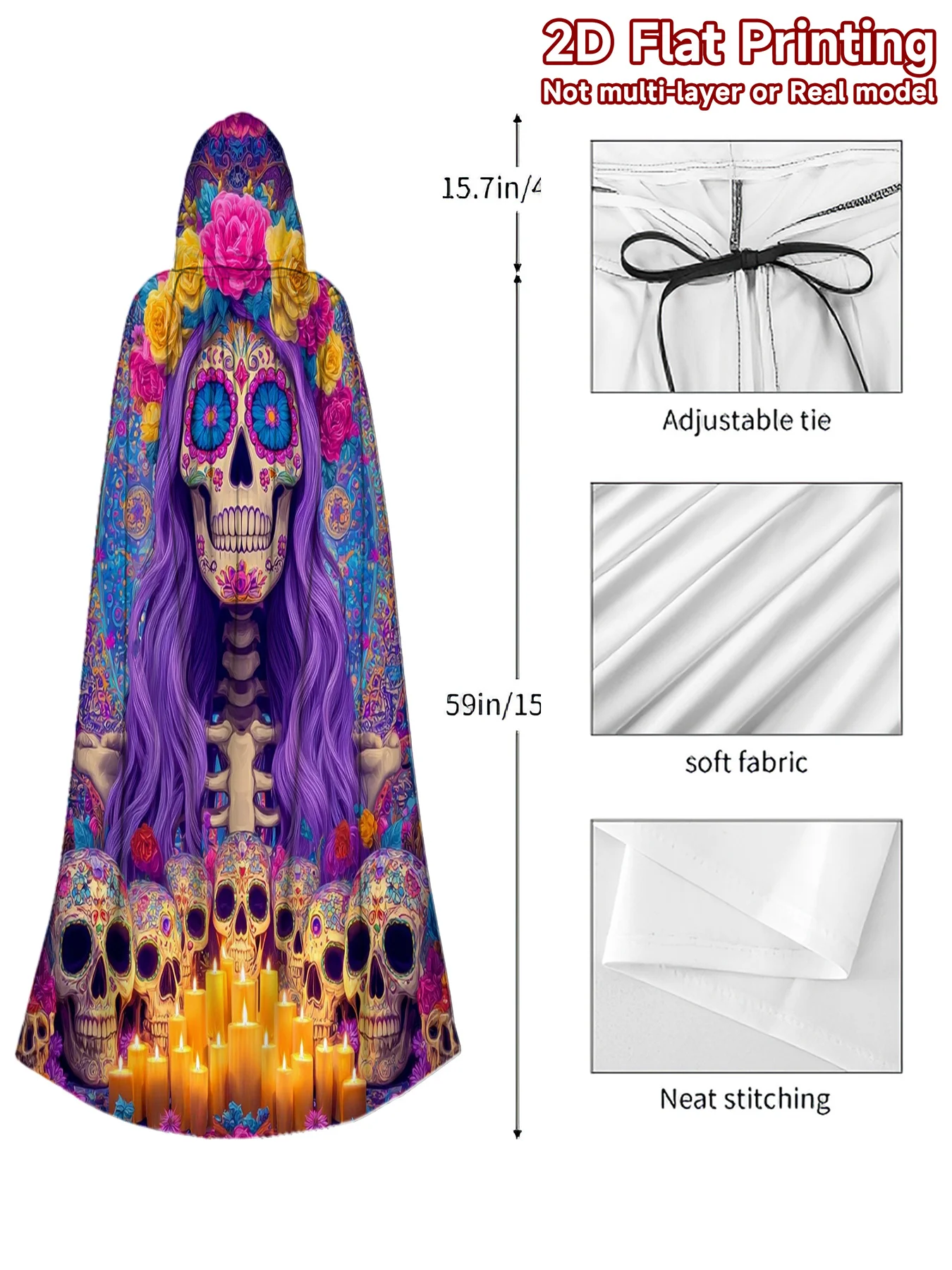 1pcs Suitable for All Occasions Retro Full-Body Print Hooded Robe - Day of the Dead Costume Cloak with Hood Machine Washable