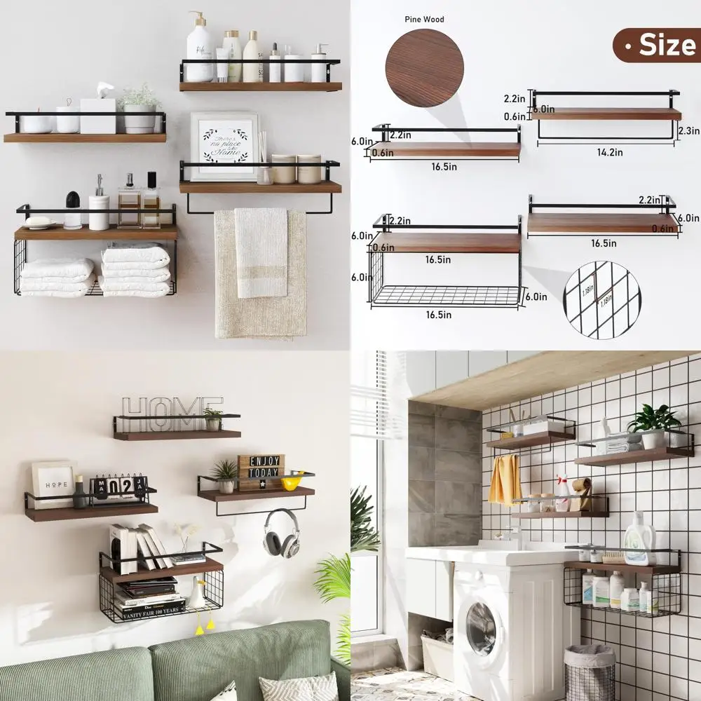 

wood floating shelves wall mounted - 4+1 tier rustic bathroom wall shelves over toilet with wire storage basket and towel bar, s