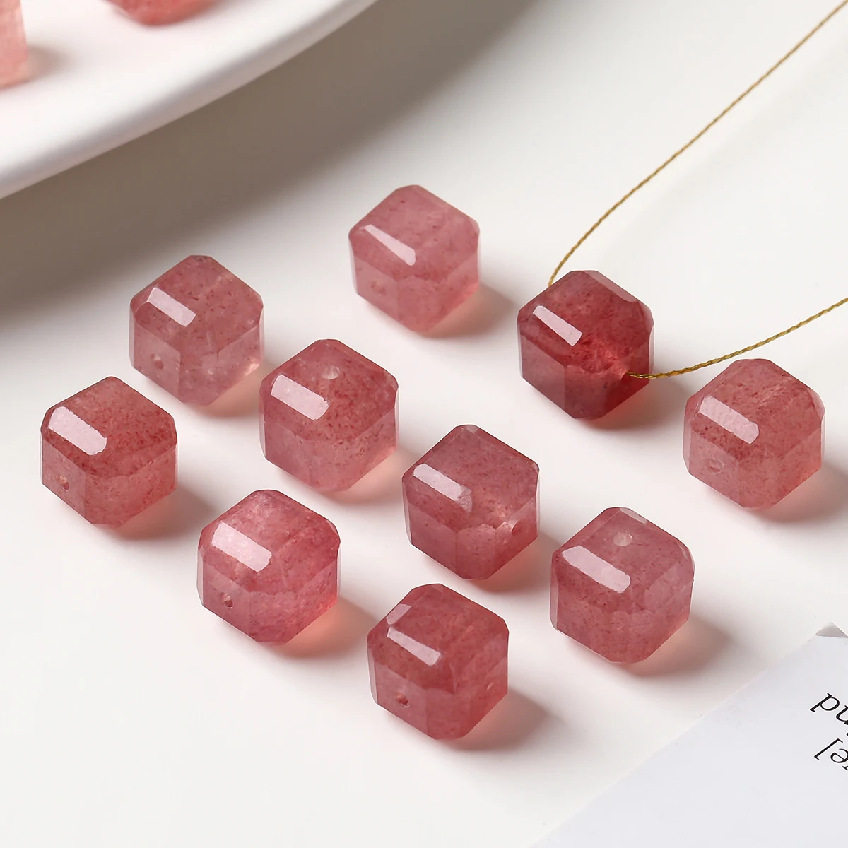 1 Pc Natural Stone Strawberry Quartz Faceted Square Beads Cube Loose Bead For Jewelry Making Diy Bracelet Necklace Supplies