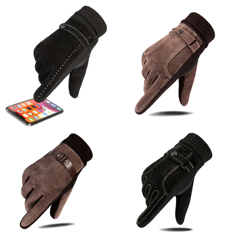 Luvas masculinas de inverno camurça manter quente tela sensível ao toque à prova de vento condução guantes grosso pelúcia anti deslizamento ao ar livre luvas de couro masculino