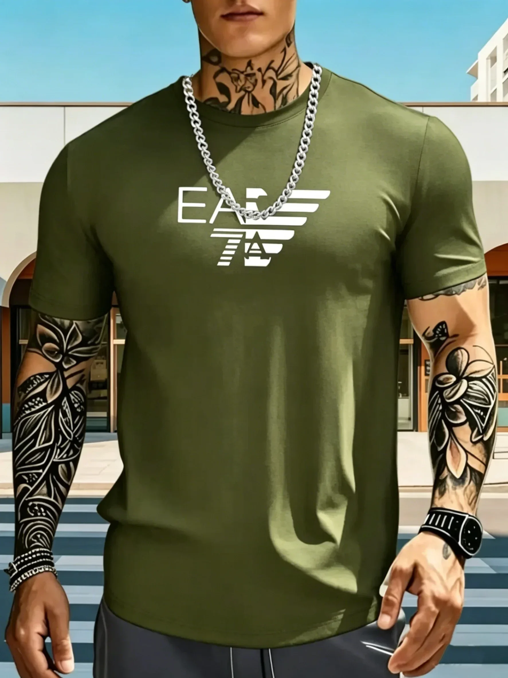 Herren Sommer T-Shirt aus reiner Baumwolle mit EA7-Buchstaben-Print, kurzärmelig, lässig, Streetwear, Baumwoll-T-Shirt mit Rundhalsausschnitt