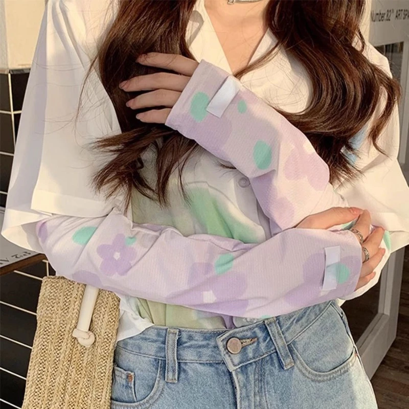 1 زوج الأزهار نمط المرأة أكمام أذرع تبريد الدراجات مكافحة حروق الشمس كم كول إفشل أغطية للذراع في الهواء الطلق حماية الشمس الجليد الحرير كم