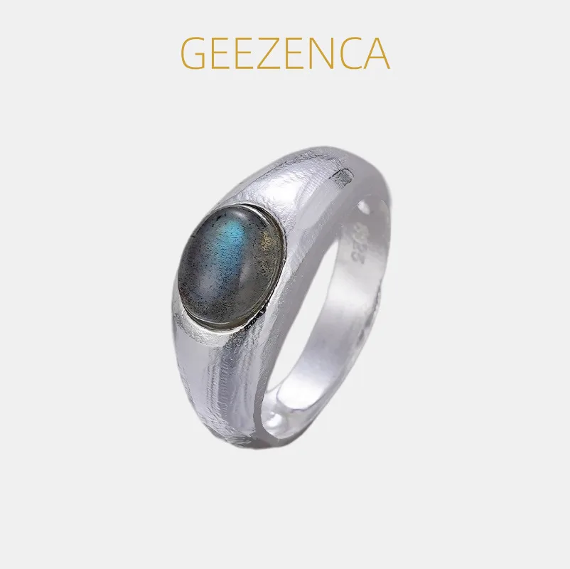 

GEEZENCA стерлингового серебра 925, купольный пасьянс, лабрадорти, регулируемое кольцо с камнем для женщин, простые модные эффектные кольца в подарок