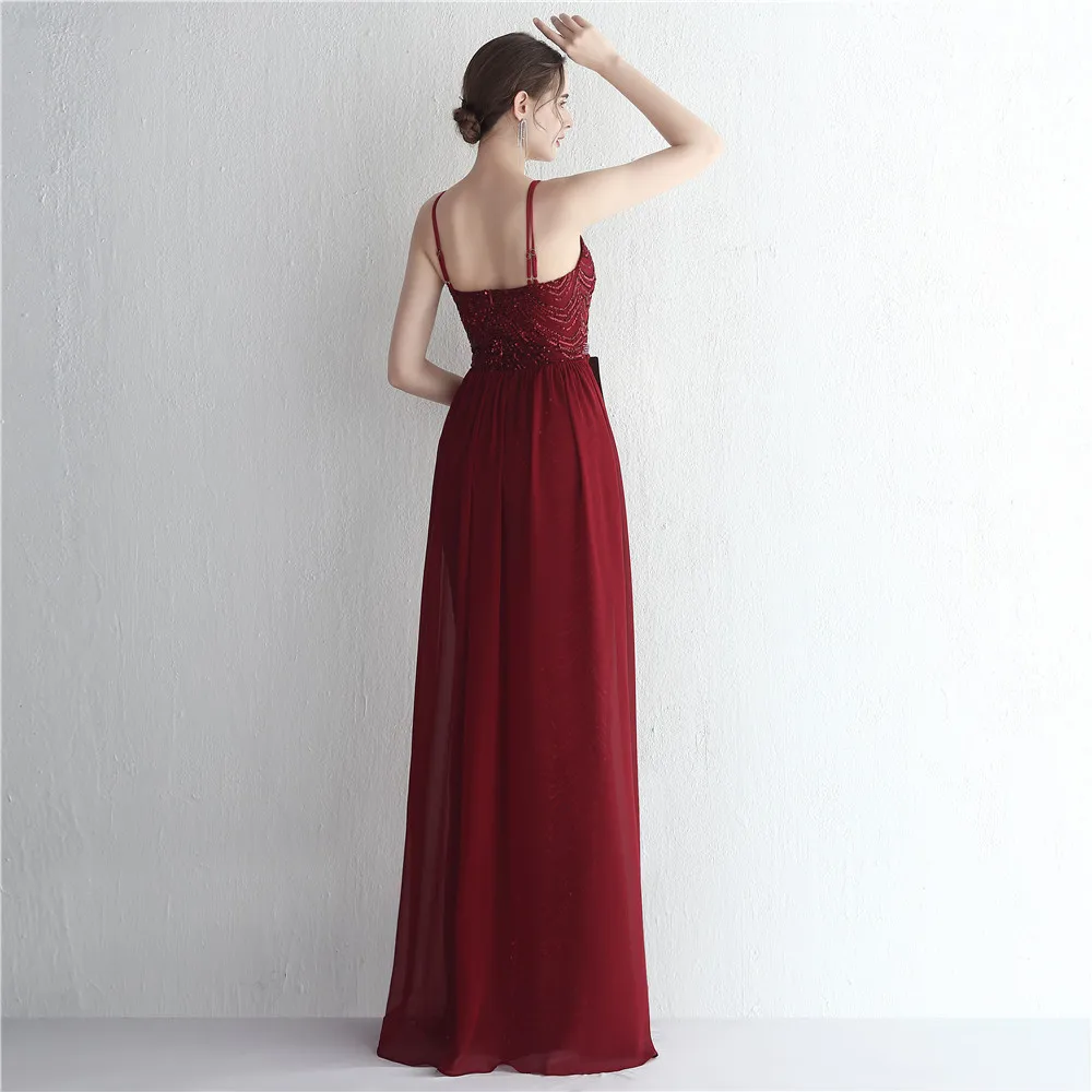 DEERVEADO Burgundy Sequin Evening Dress Party Maxi Dress With Detachable Chiffon Train Women Chic Beading Long Prom Dresses