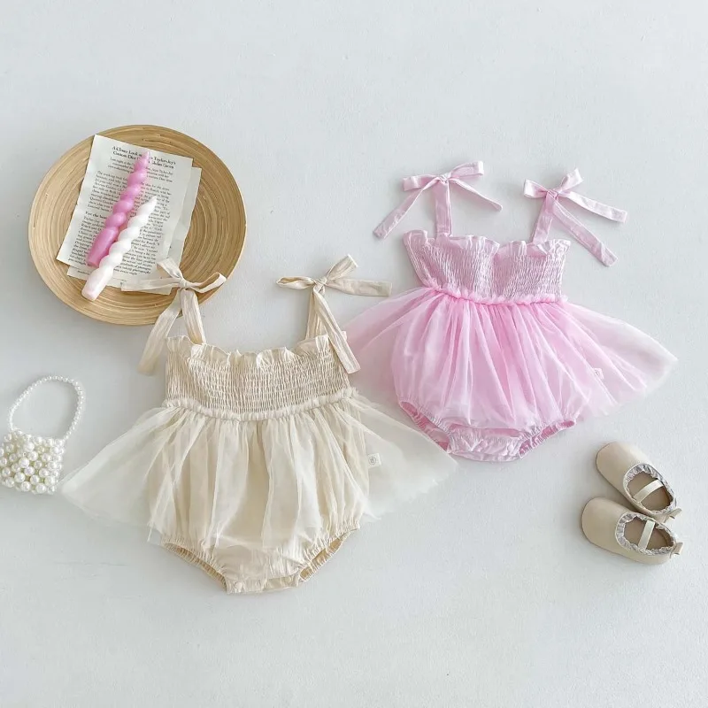 Newborn Princess Outfits Baby Strap Pink Tulle Romper One Piece Fairy Style Floral Tutu Dress Bebe Bodysuit Clothing Outfit