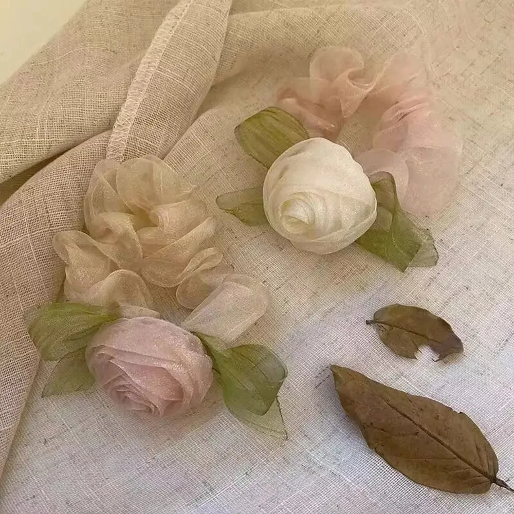 Sweet Rose Yarn Flower Hair Scrunchies Women Mesh Large Hair Rope Girl Hair Tie Simple Ins Headdress Hair Ring Ponytail Holder