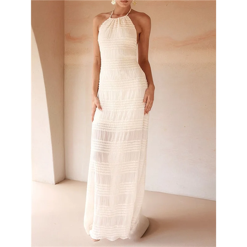 ABRT-dames backless geplooide maxi-jurk halternek spaghettibandjes strand maxi-jurk vakantie casual zonnejurk