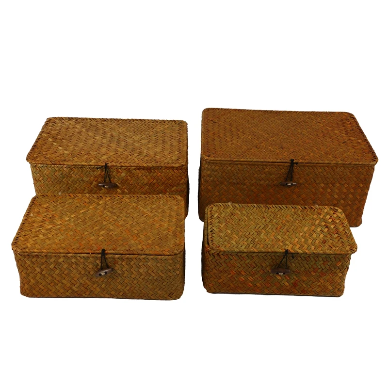 

place Seagrass Storage Baskets with Lids, Woven Rectangular Basket Bins, Wicker Storage Organizer for Shelf, Set of 4