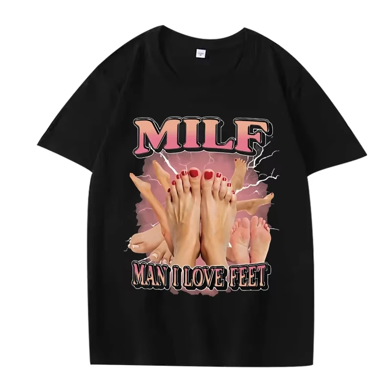 

Футболка MILF Man I Love Feet Мужчины Женщины Хлопок Лидер продаж с коротким рукавом Летняя уличная одежда с принтом Унисекс Топы больших размеров