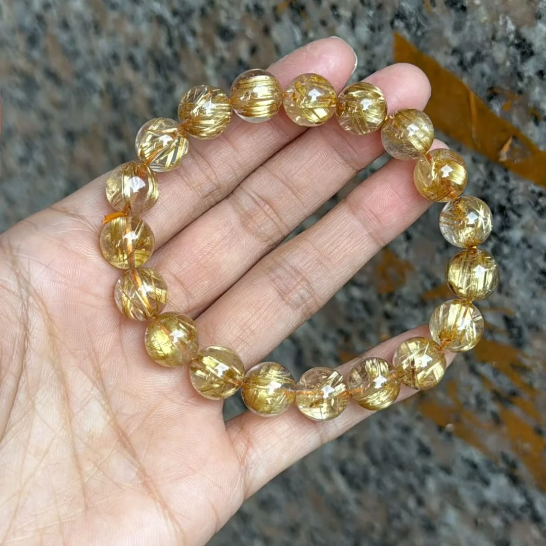 

Natural Gold Rutilated Quartz Titanium Bracelet Cat Eye 10.6mm Clear Round Wealthy Woman Men Beads Jewelry Brazil AAAAAAA