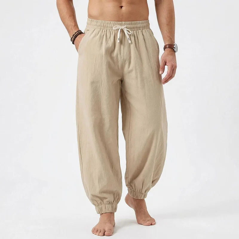 Europäische und amerikanische Freizeithose für Herren: Sommerliche Strand-Leinenhose in Übergröße mit Bündchen am Knöchel – Detail 39
