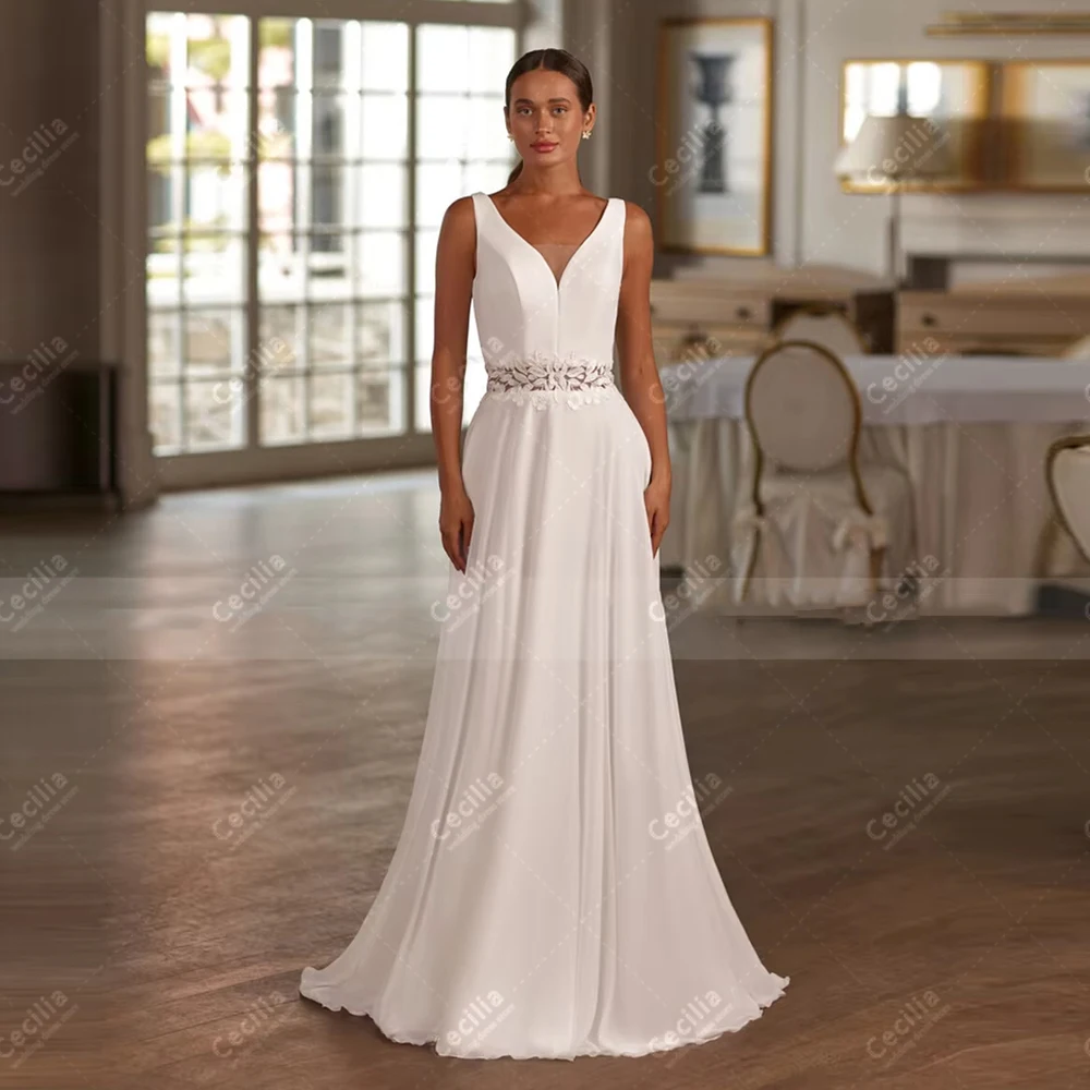 فساتين زفاف أنيقة على شكل حرف A زي العرائس البسيط بدون أكمام بدون ظهر رداء على شكل حرف V رشيق مخصص فيستدوس دي نوفيا 2026 #4
