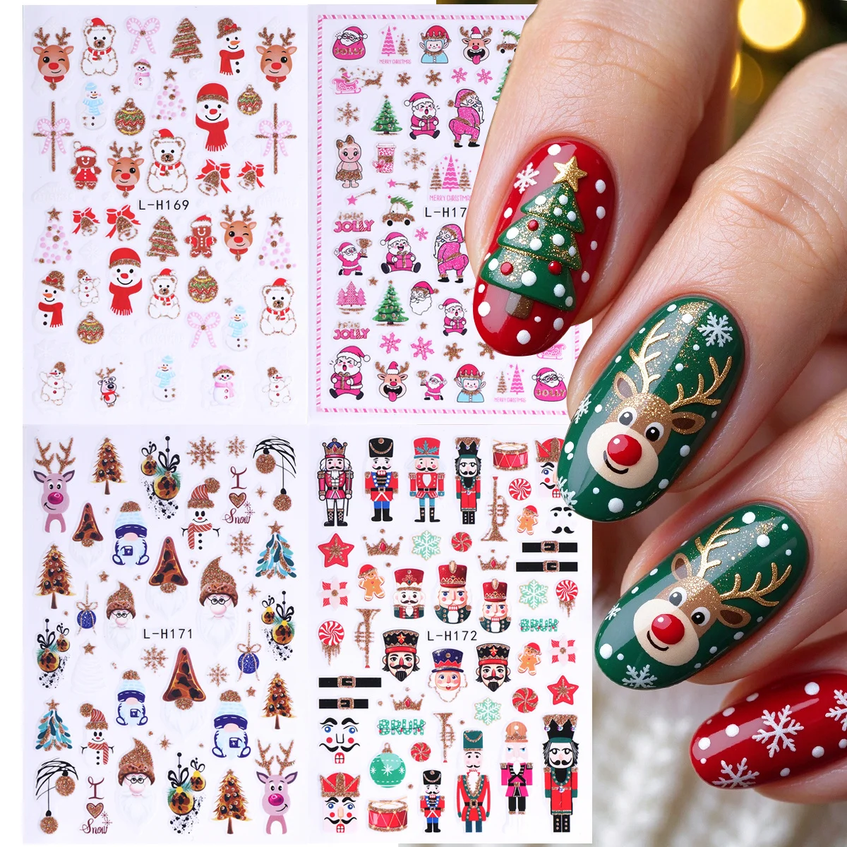4pcs Shimmer Adorable Christmas Nail Art Decals Reindeer Bow Santa Nutcracker Design Xmas Trending Sticker Winter Manicure Decor