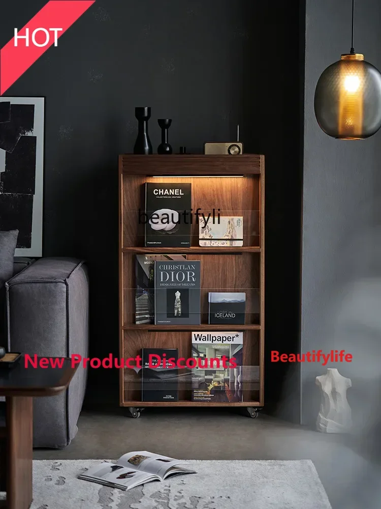 

A46 Q Dust-Proof Bookcase with Glass Door Black Walnut Bookshelf Living Room Home Floor Magazine Solid Wood Locker