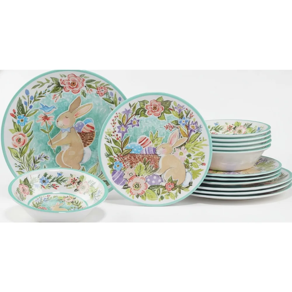 

Пасхальный меламиновый набор посуды из 12 предметов на 4 человека, красочные прочные тарелки, миски для использования в помещении и на открытом воздухе
