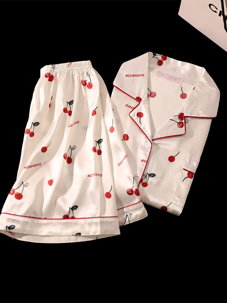 Cherry Print Pajamas Set for Women Summer Satin Two Piece Sleepwear Short Sleeve Shirt and Shorts Casual Fashion Homewear - Image 3