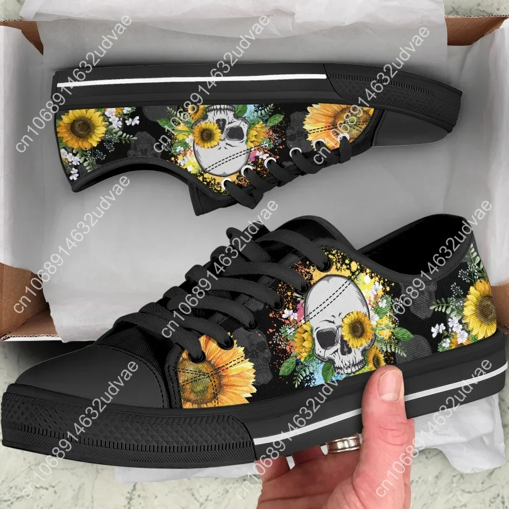 2023 Sunflower Skull Print Low-Top Canvas Shoes Women's Shoes Retro Girls Floral Sneakers Luxury Vulcanized Shoes Women 2