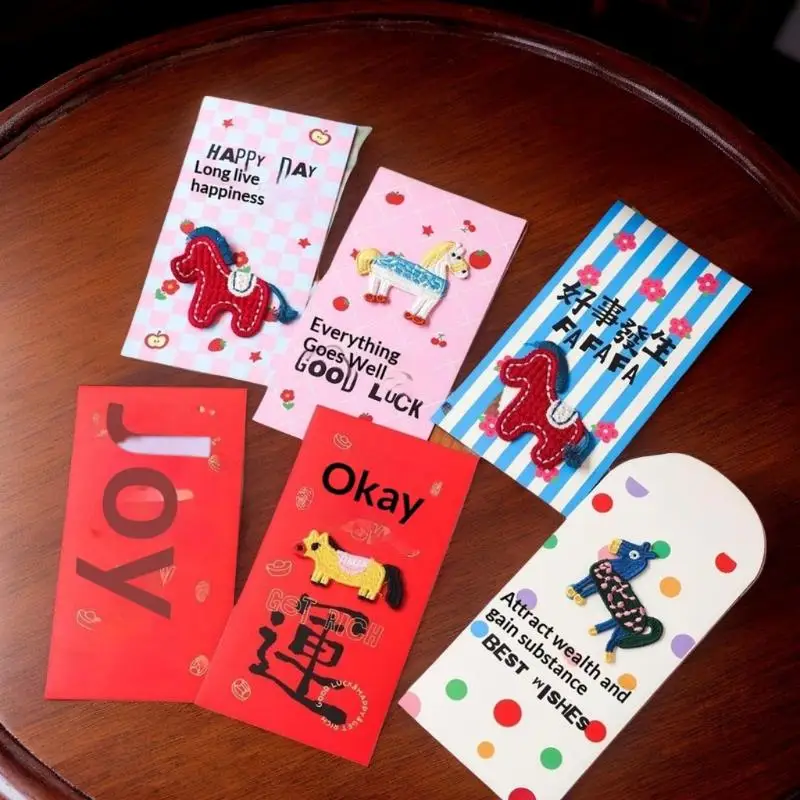 1 pz simpatico cavallo zodiacale design buste rosse in stile cinese per l'anno del cavallo 2026, sacchetto di soldi fortunato ideale per il nuovo anno