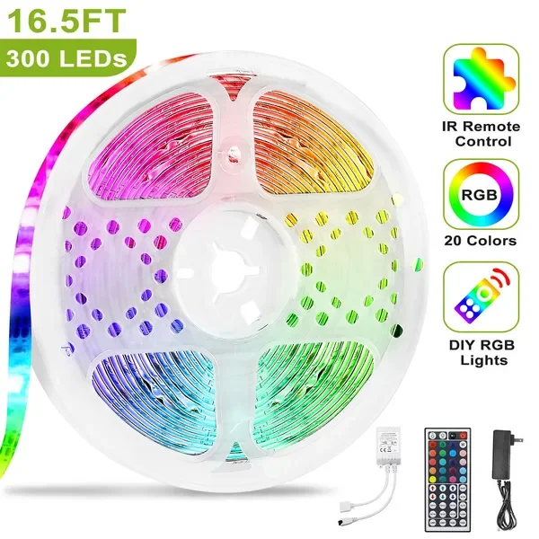 

Светодиодная лента на 300 светодиодов, 5 м/16,5 футов, 20 цветов RGB, IP65, водонепроницаемая, с пультом дистанционного управления