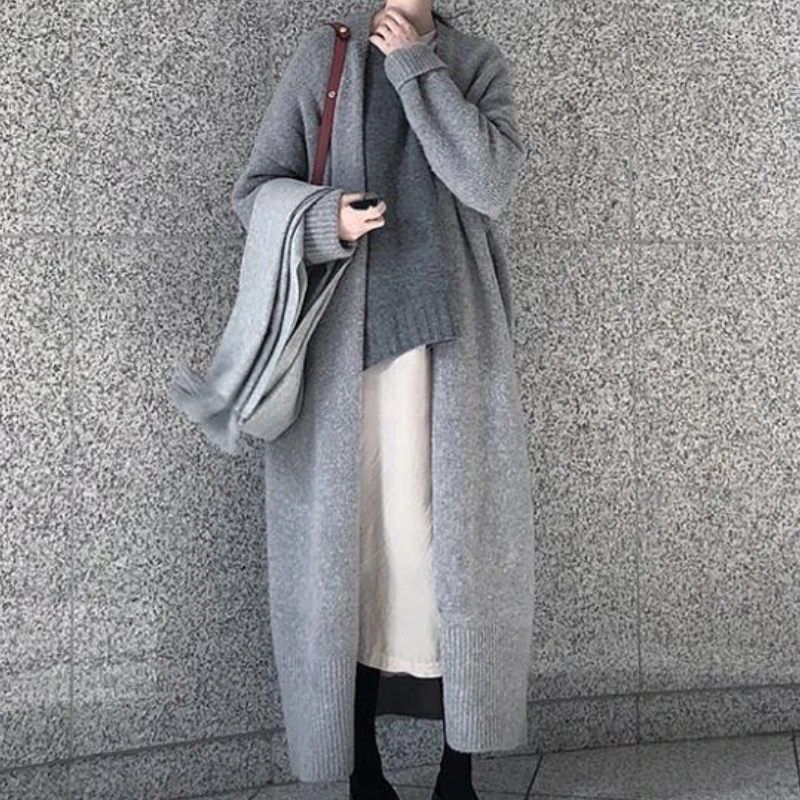 

Новый модный осенне-зимний однотонный повседневный простой длинный женский вязаный кардиган с длинными рукавами, осенне-зимний ленивый стиль